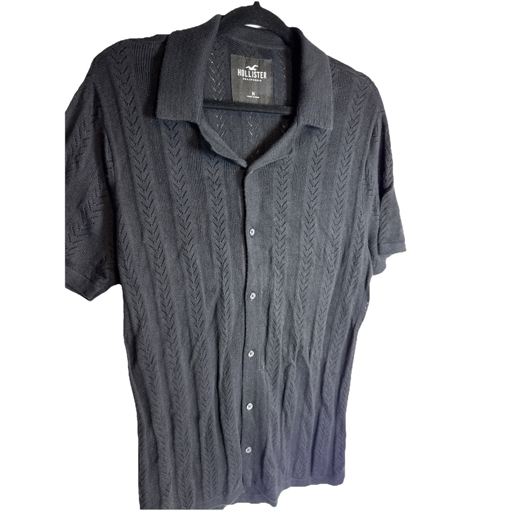 Y2K Hollister Mens M Sheer Knit‎ Short Sleeve Collared Button Shirt Black